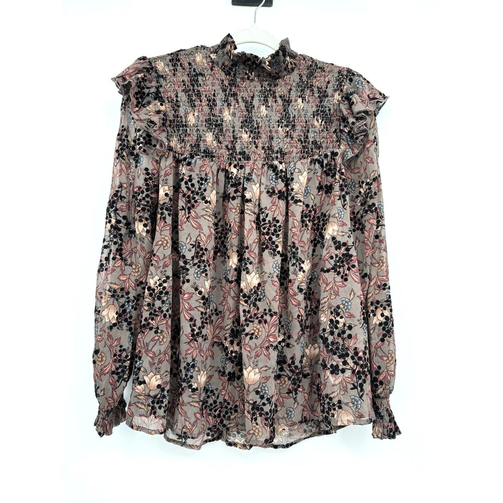 Knox Rose Floral Ruffle Smocked Yoke Top Taupe Black Floral Velvet Romantic Sz L